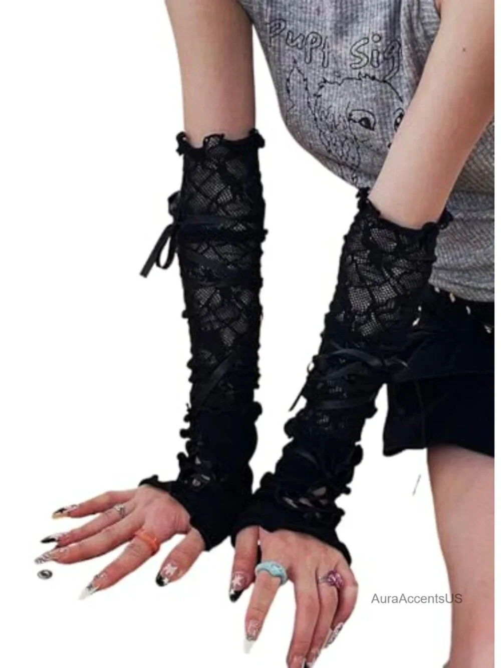 Lace Fingerless Gloves Long Mesh Lolita Gothic Y2K Tulle Ballet Tie-Up